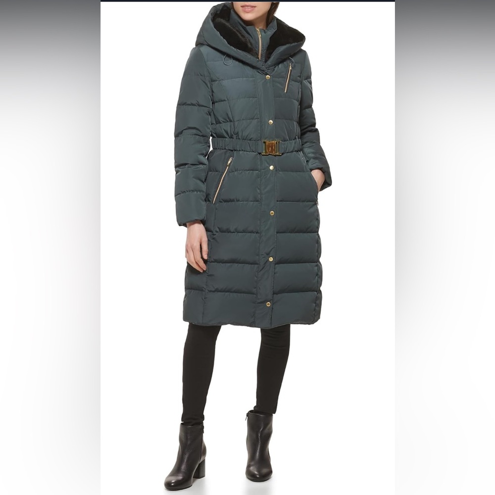 Cole‎ Haan Signature Women’s Size XS Taffeta Down Faux Fur Trim Belted Coat